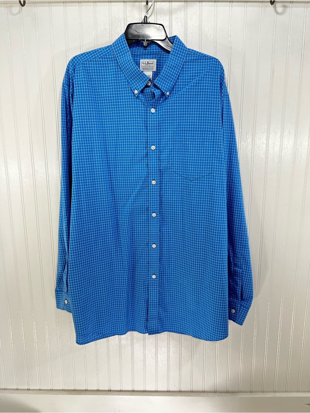 L.L. Bean Men's XXL Regular Blue White Micro Check Plaid Long Sleeve Button Down